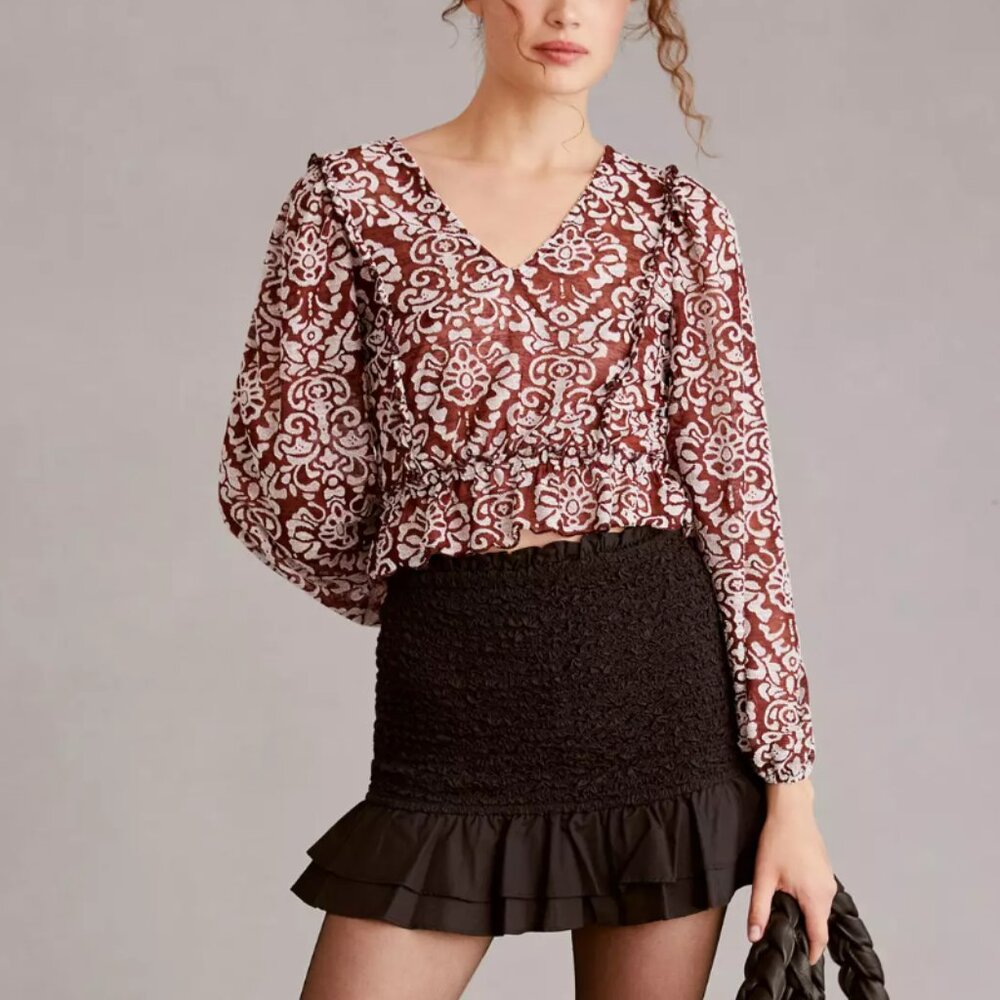 Anthropologie Jacquard Blouse - Sheer Boho Ruffles size S